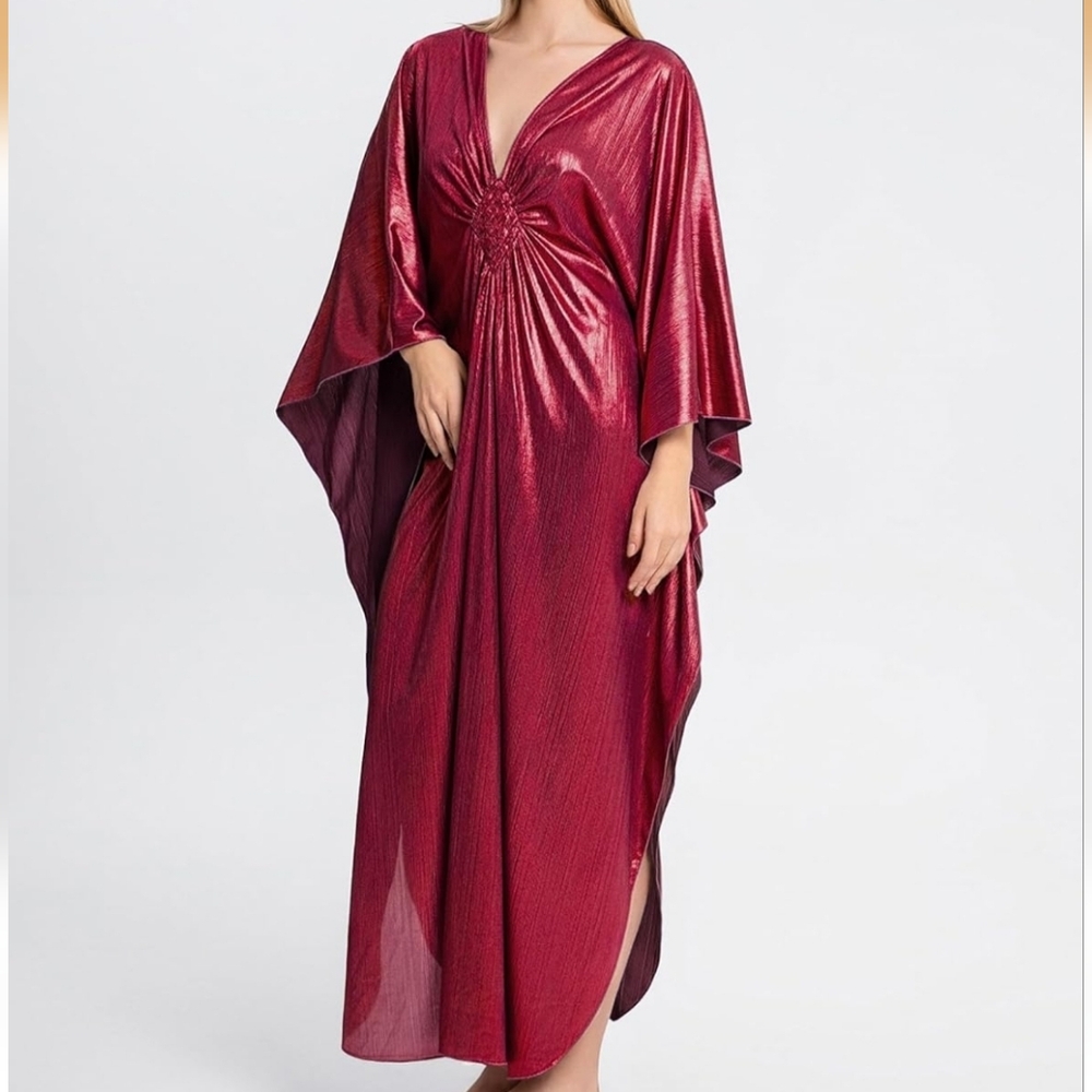 Metallic Red Kaftan Maxi Dress | Boho Resort Caftan Coverup | Flowing Fit